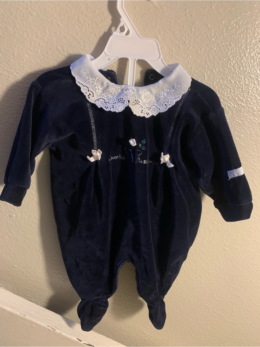 Absorba Navy One-Piece Footed Romper with White Lace Collar